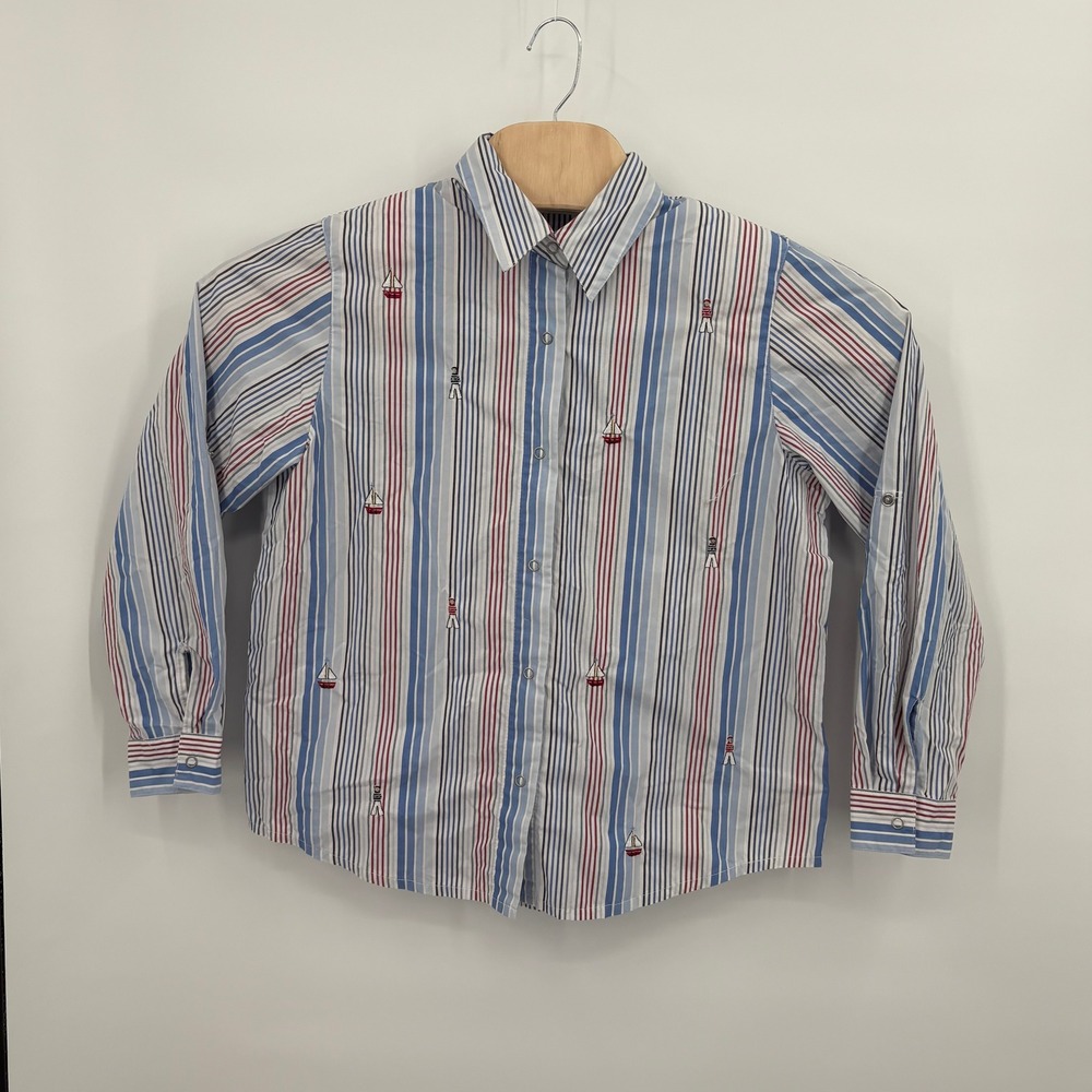 Alfred Dunner Women 12P Nautical Sailboat Striped Roll Tab Sleeve Shirt Blue - Picture 2 of 14